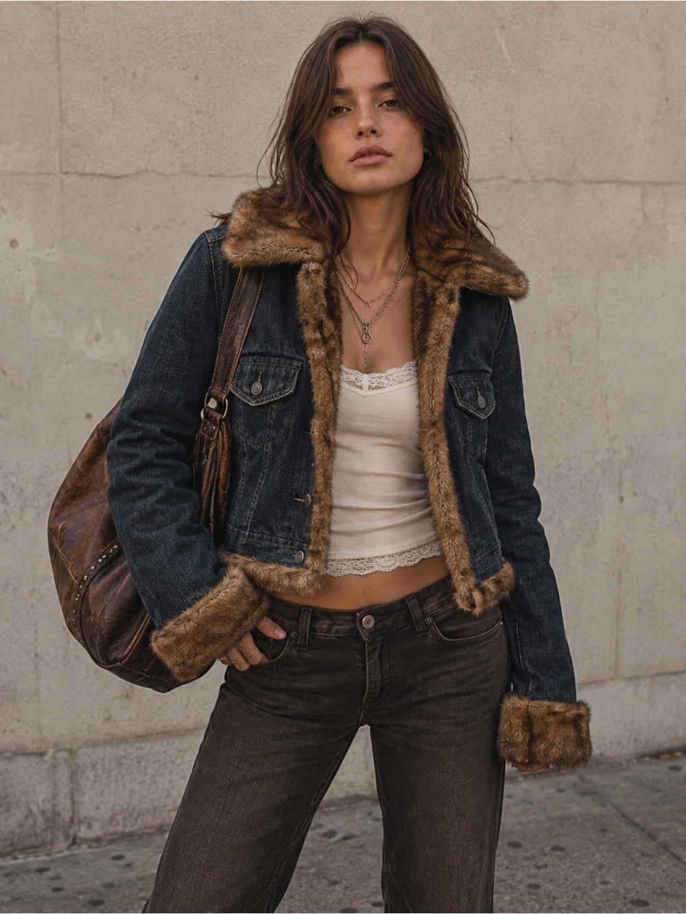 Y2K No Boundaries Cropped Denim Jacket Faux Fur Trim Medium Boho Indie Sleaze
